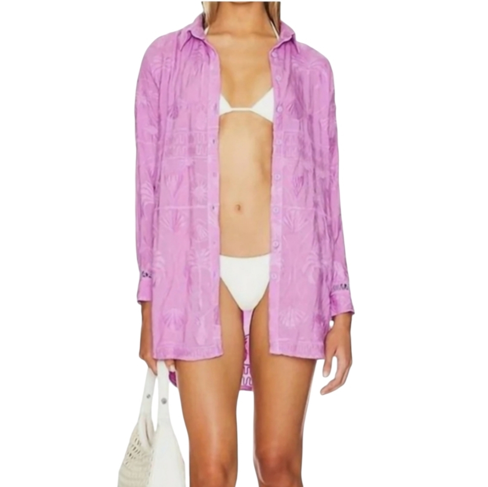 Maaji Paradiso Long Shirt Medium Orchid Pink Button-Up Tunic Vacation Boho